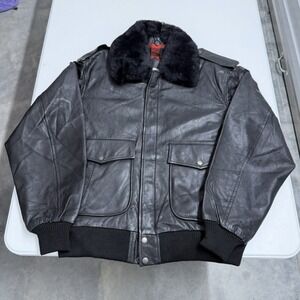 Vintage Gander Mountain Leather Bomber Jacket Black Plaid Lined Faux Fur Collar